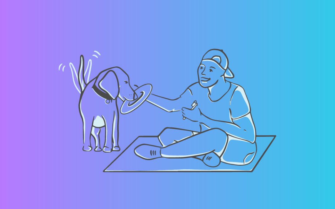 An illustration of a pet parent holding a toothbrush while his dog plays with a frisbee