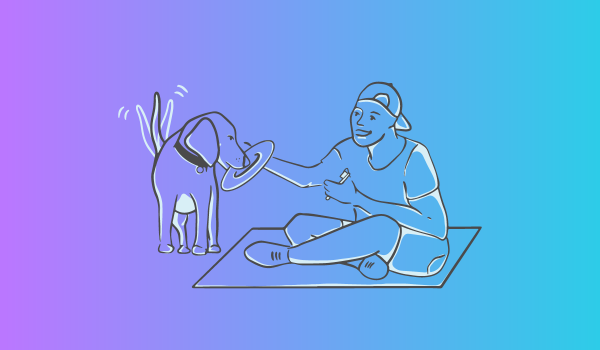 An illustration of a pet parent holding a toothbrush while his dog plays with a frisbee