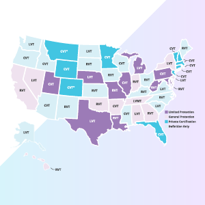 A map of the United States showcasing different licensing options for Vet Techs per state
