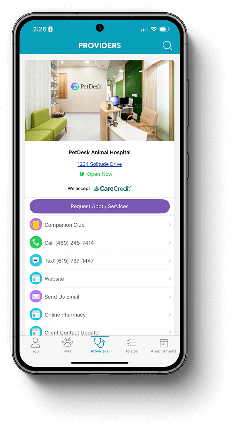 mobile view of Providers screen on PetDesk app