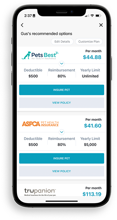 mobile view of Pet Insurance Options screen on PetDesk app