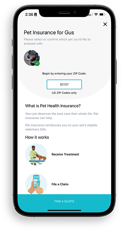 mobile view of Pet Insurance pet selection screen on PetDesk app