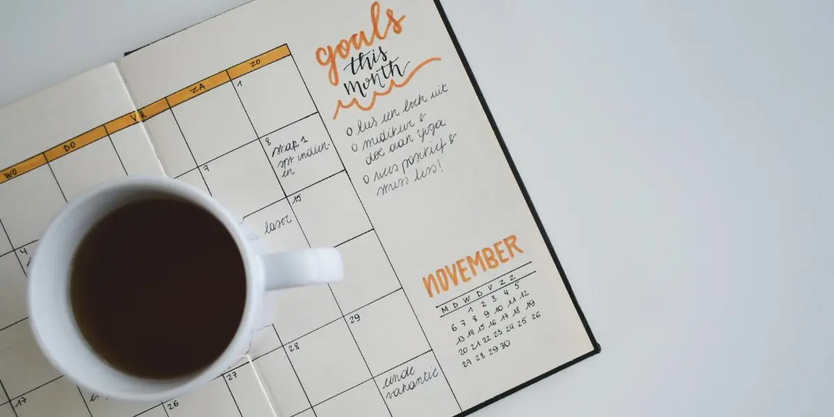 A calendar with a cup of coffee on top