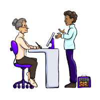 illustration of veterinary team member sitting on chair and guiding client about services