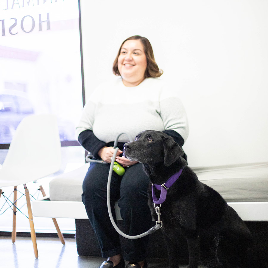 client smiling with dog in lobby