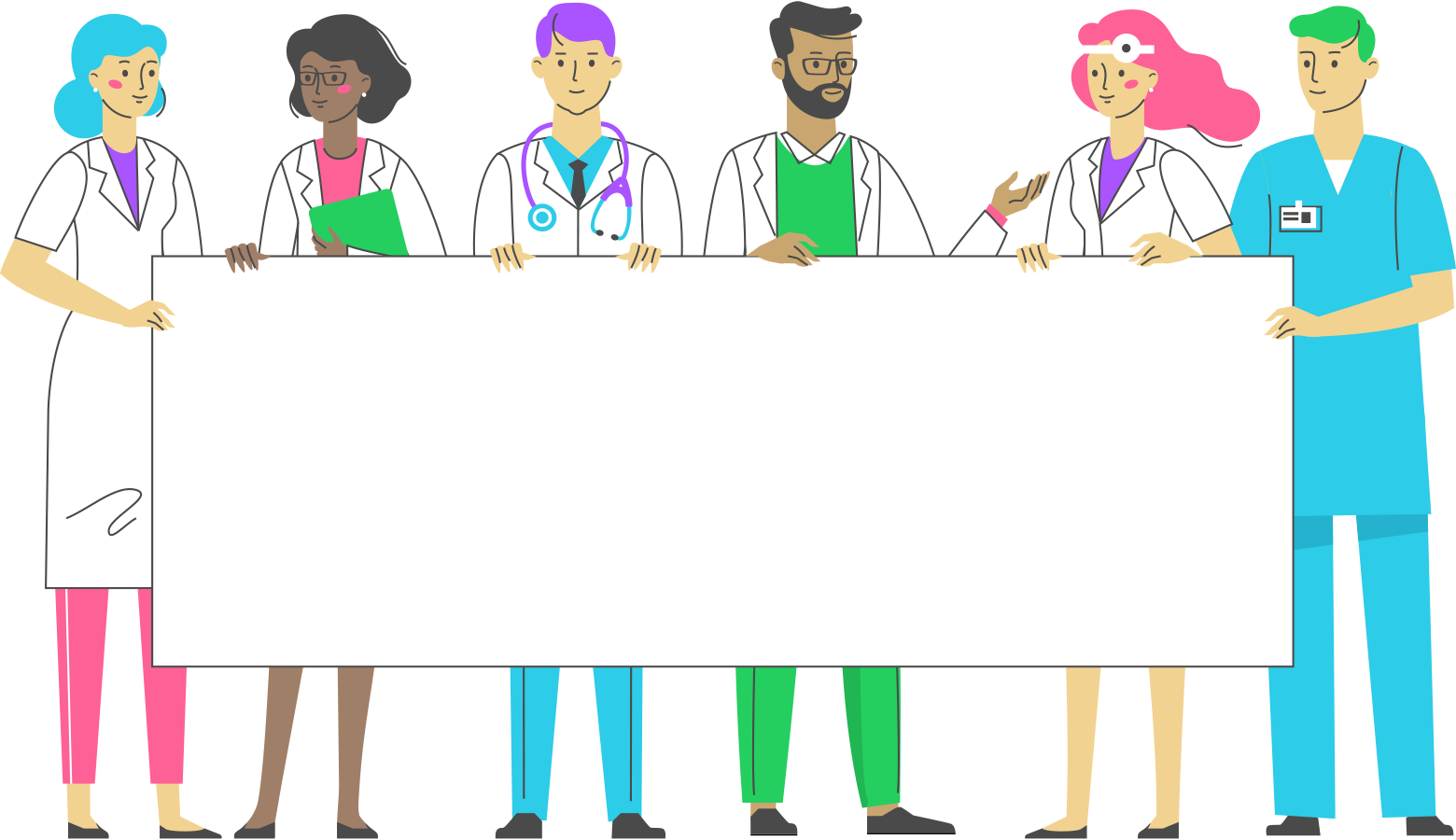 colorful illustration of veterinary professionals holding a sign