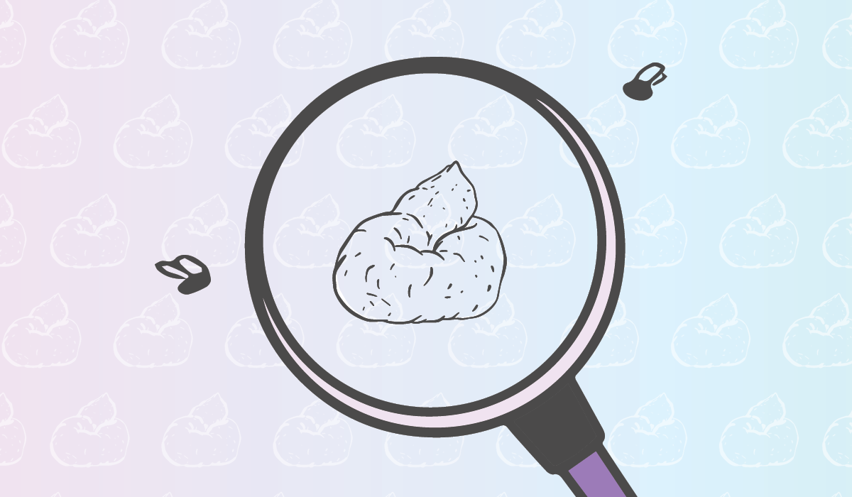 An illustration of a magnifying glass over poop with flies around it