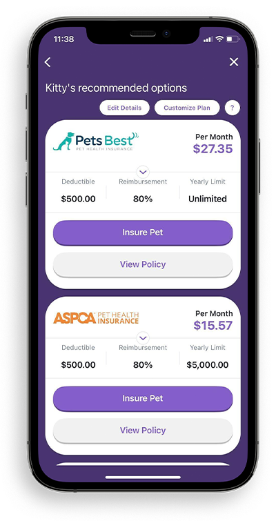 mobile view of Pet Insurance Options screen on PetDesk app