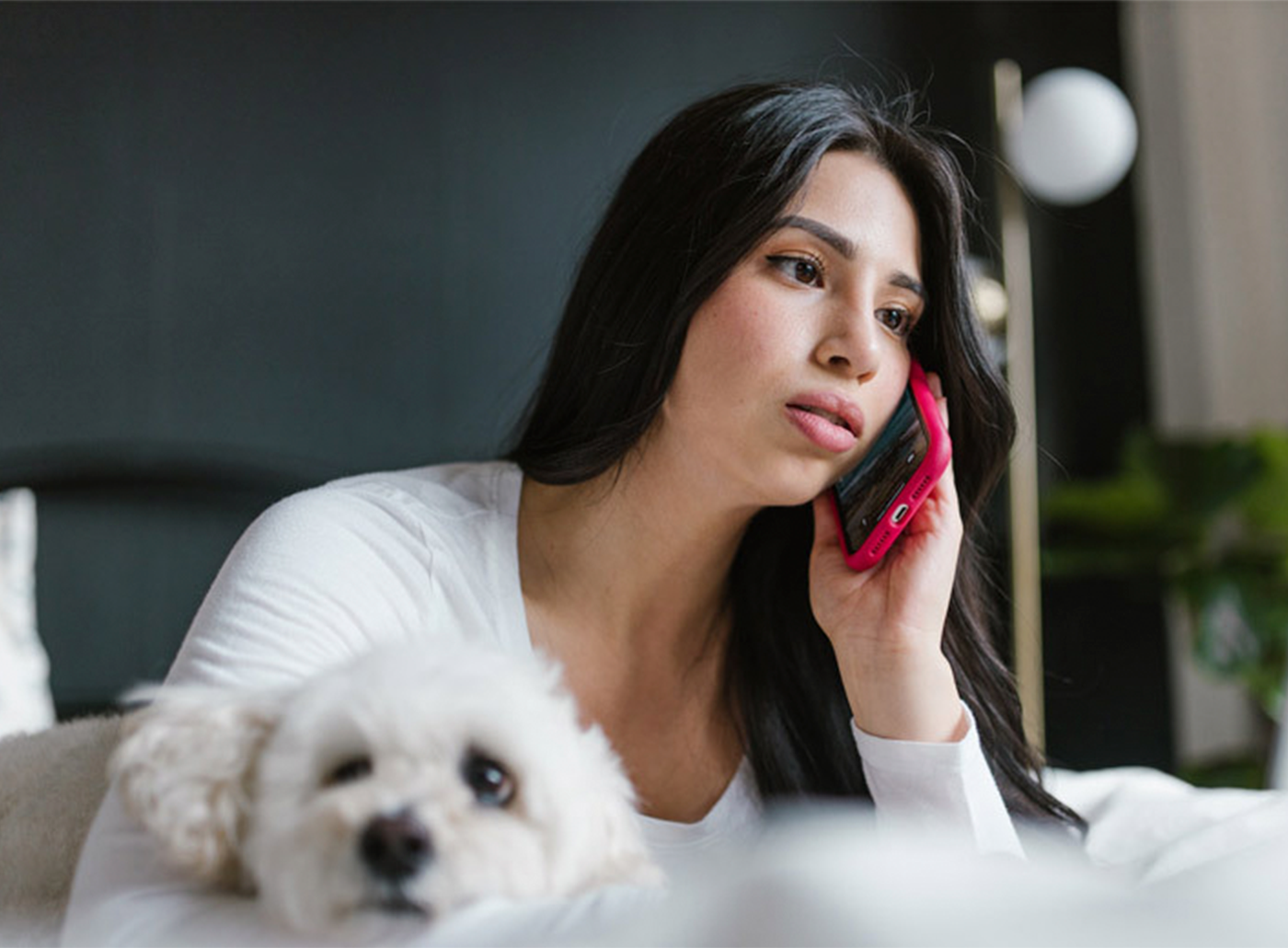 Woman speaking on cell phone while holding her dog