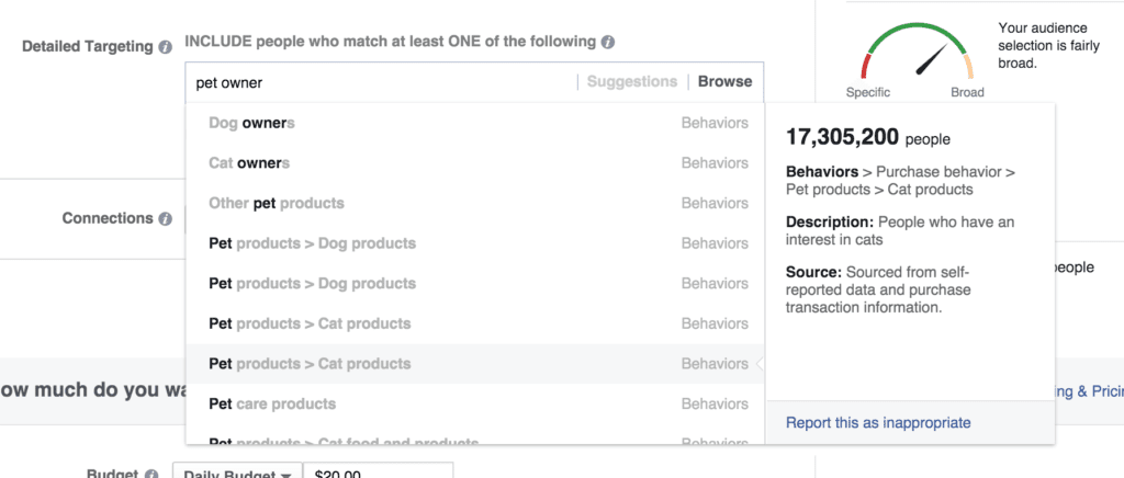 Example of a Facebook marketing dashboard for cat products