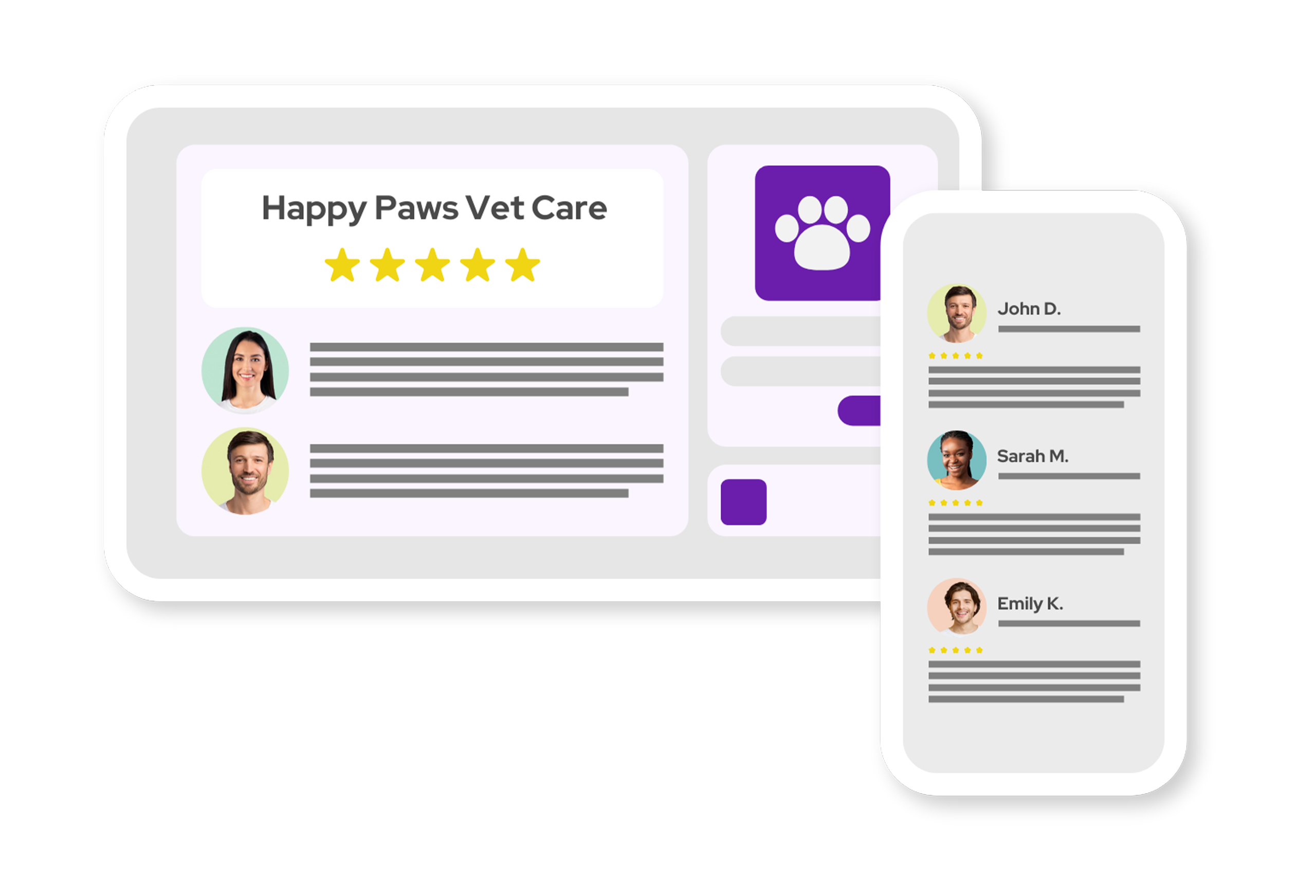 Mockup of online reviews for veterinary hospitals