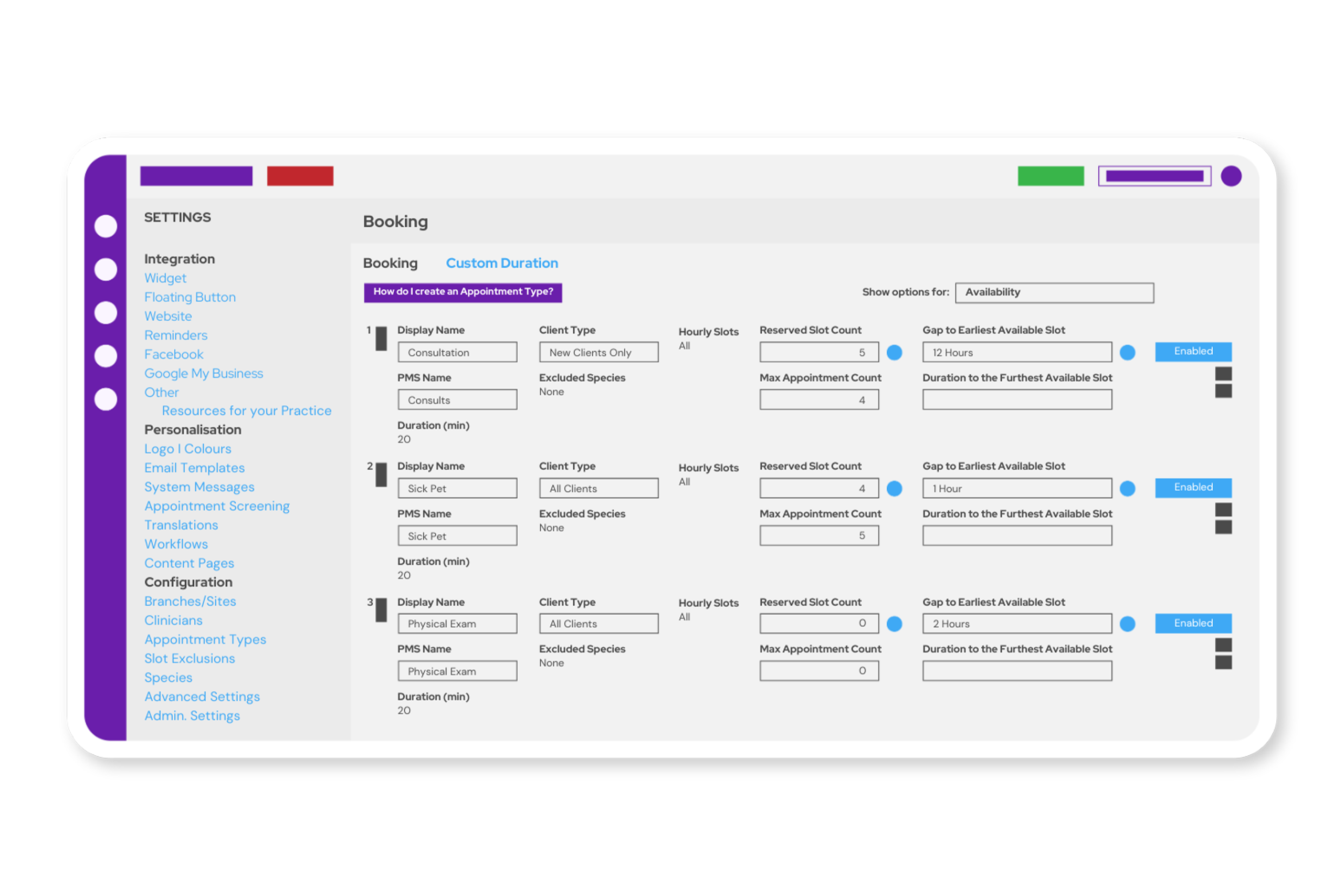 Mockup of PetDesk Booking's customizations dashboard