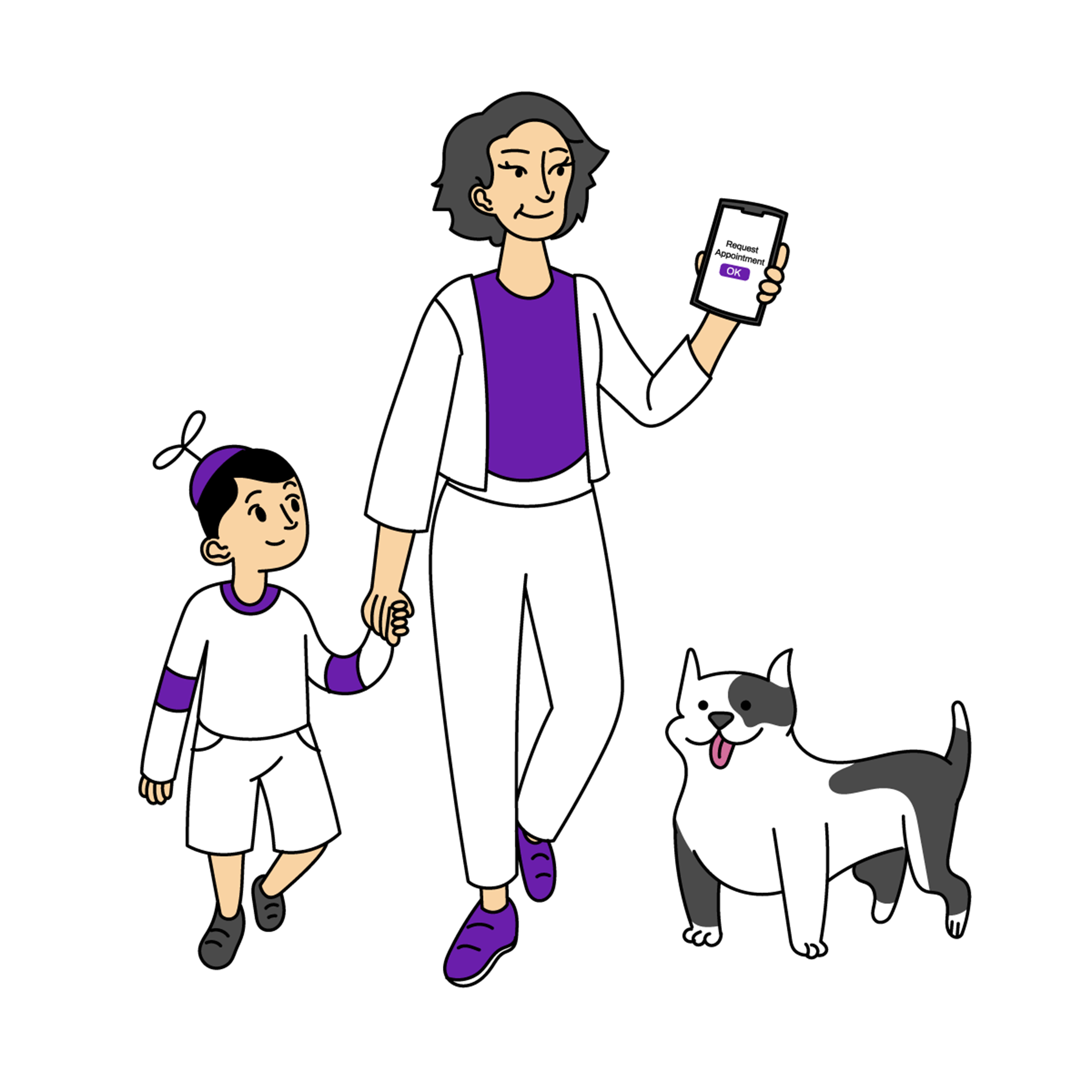 Pet Parent Using PetDesk App while Walking with Grandson and Dog