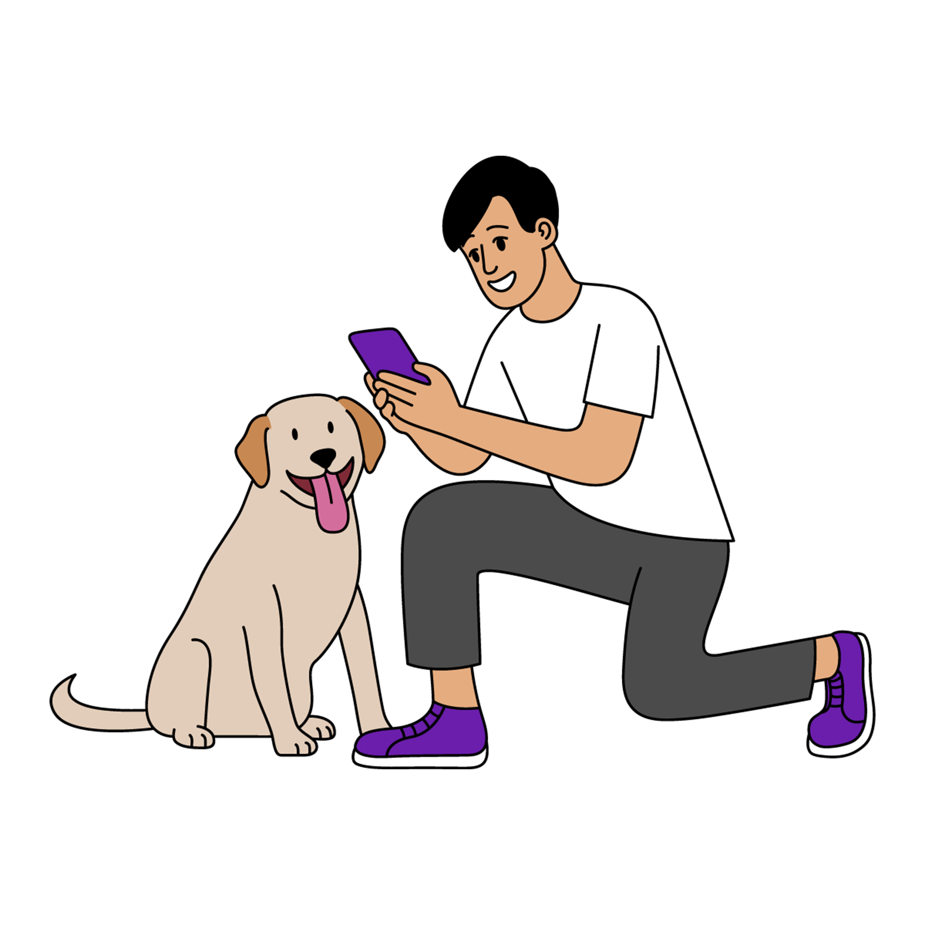 Pet parent texting on phone while kneeling next to dog