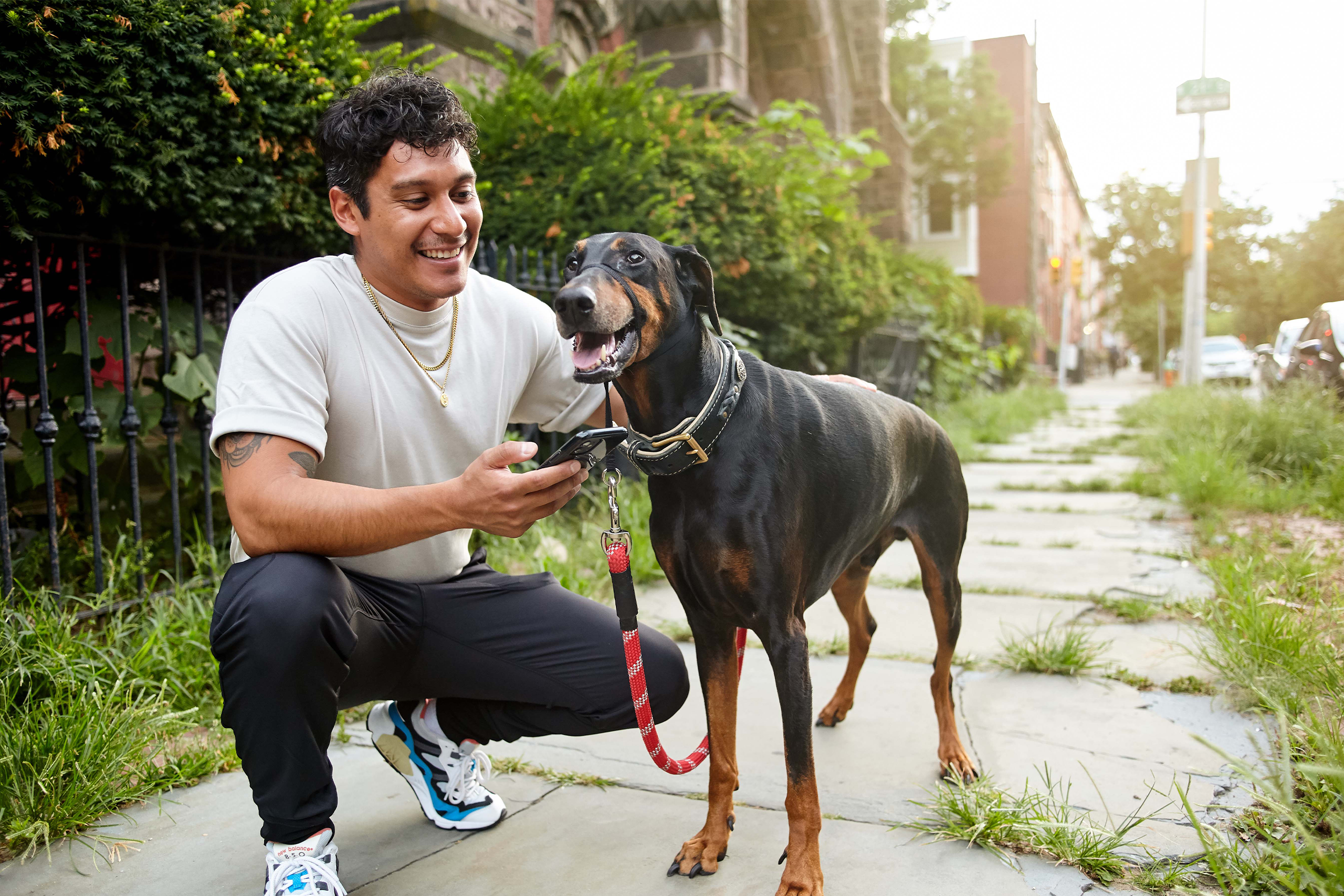 Pet parent using their phone while squatting next to their dog on a walk