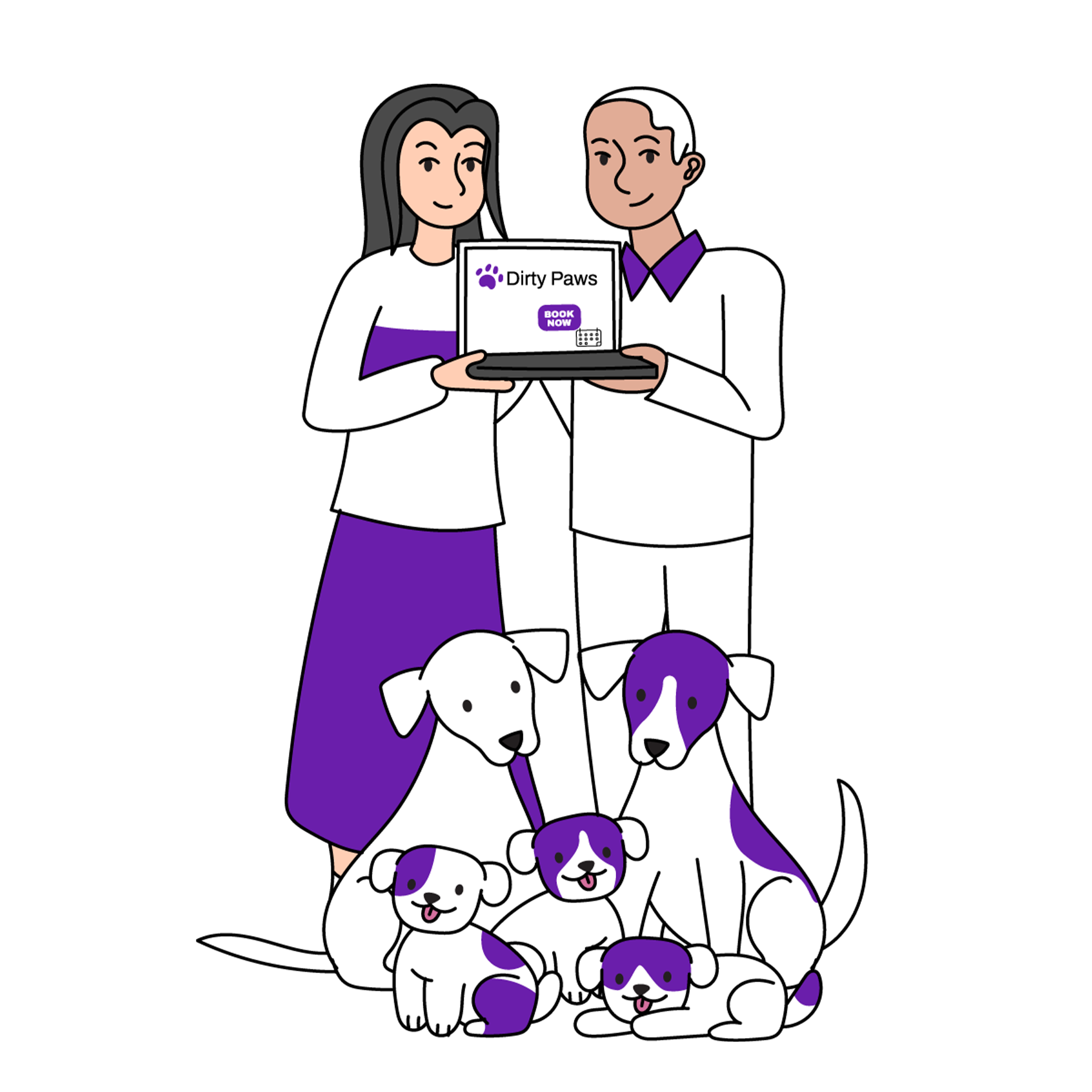 Pet parents holding a laptop together with vet hospital reviews with five dogs at their feet