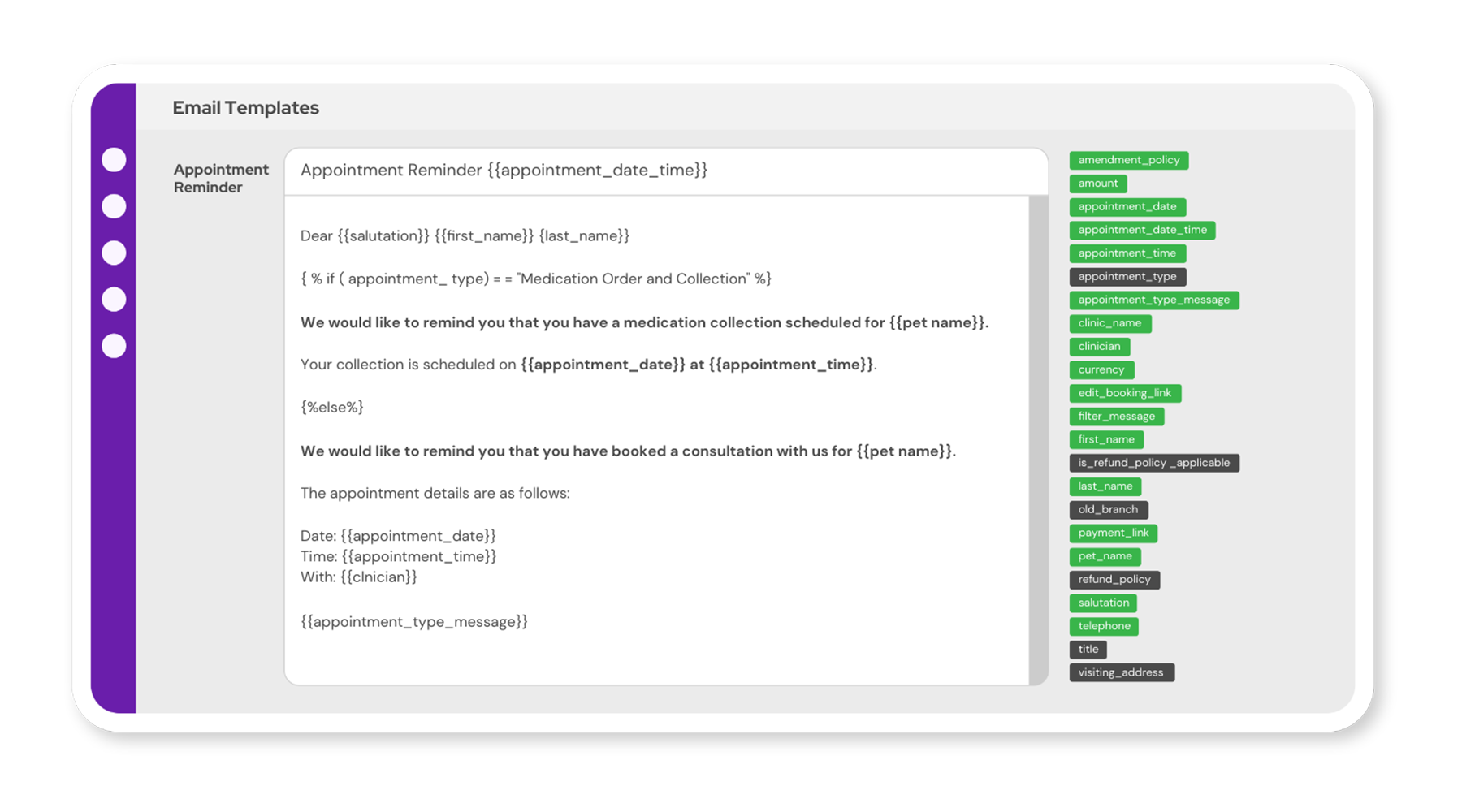 Mockup of the veterinary appointment reminder dashboard