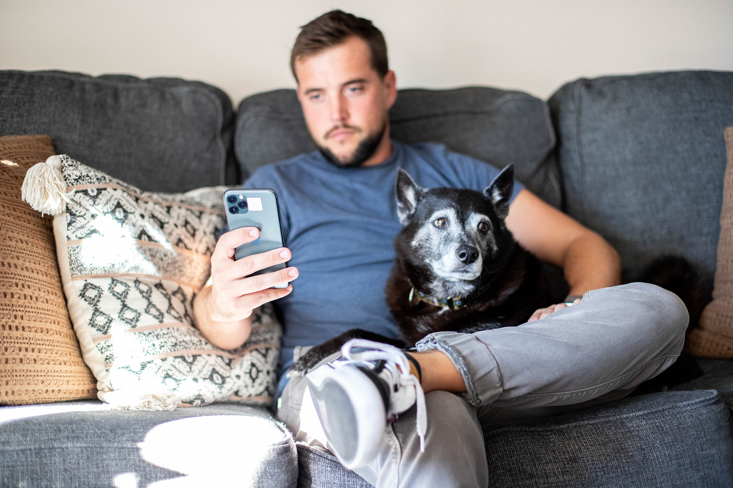 Pet parent using mobile app while sitting on the couch with his dog