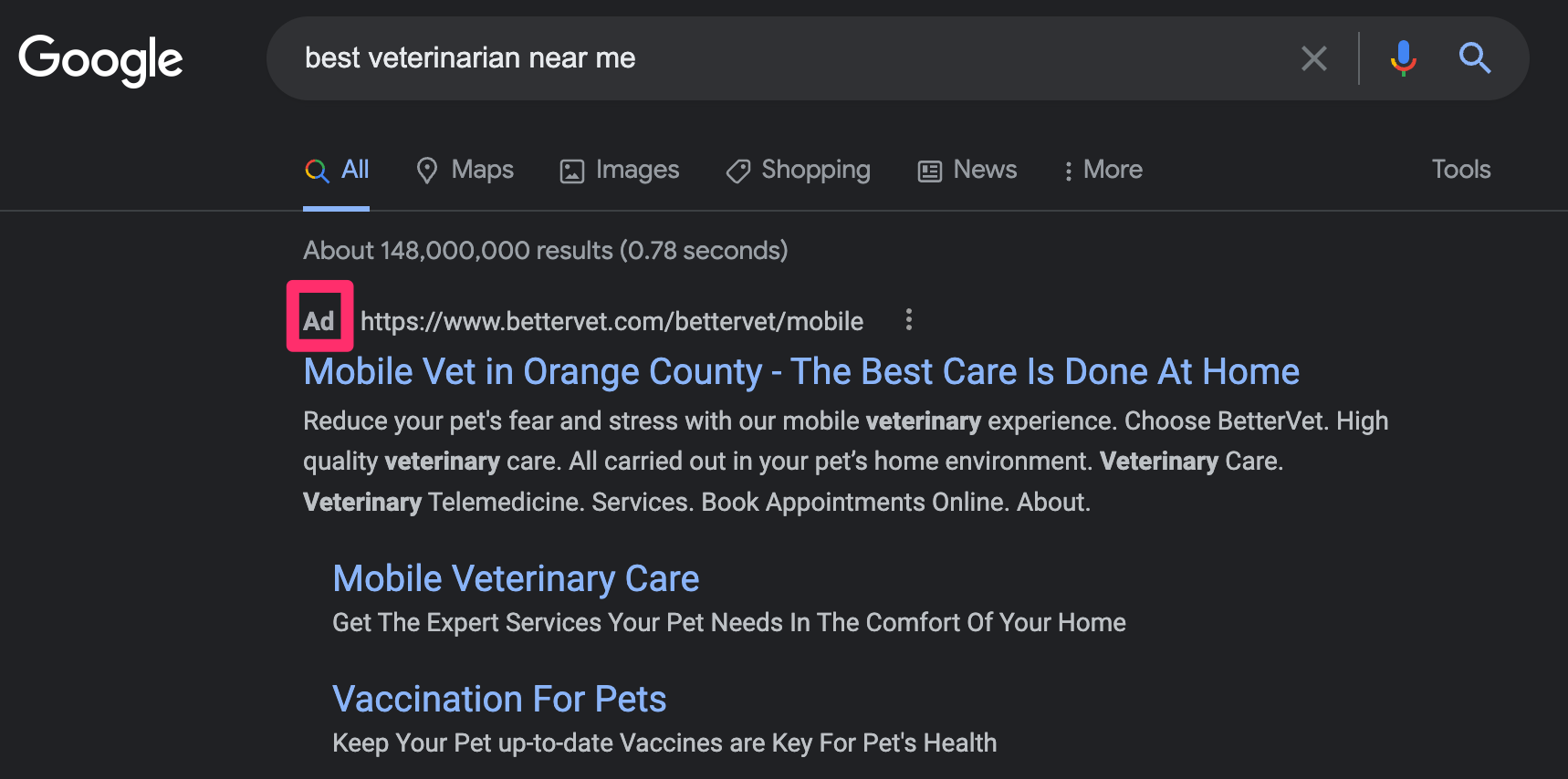 Sample of google ads for veterinarians 