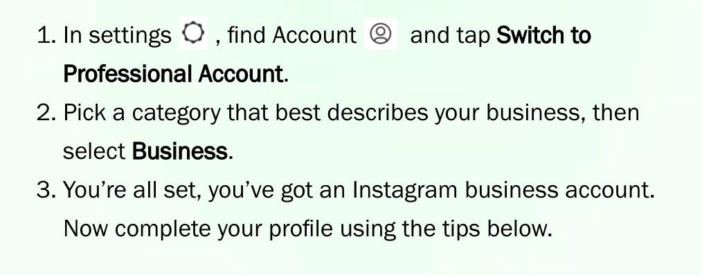 Screenshot of tips for creating a business profile on Instagram