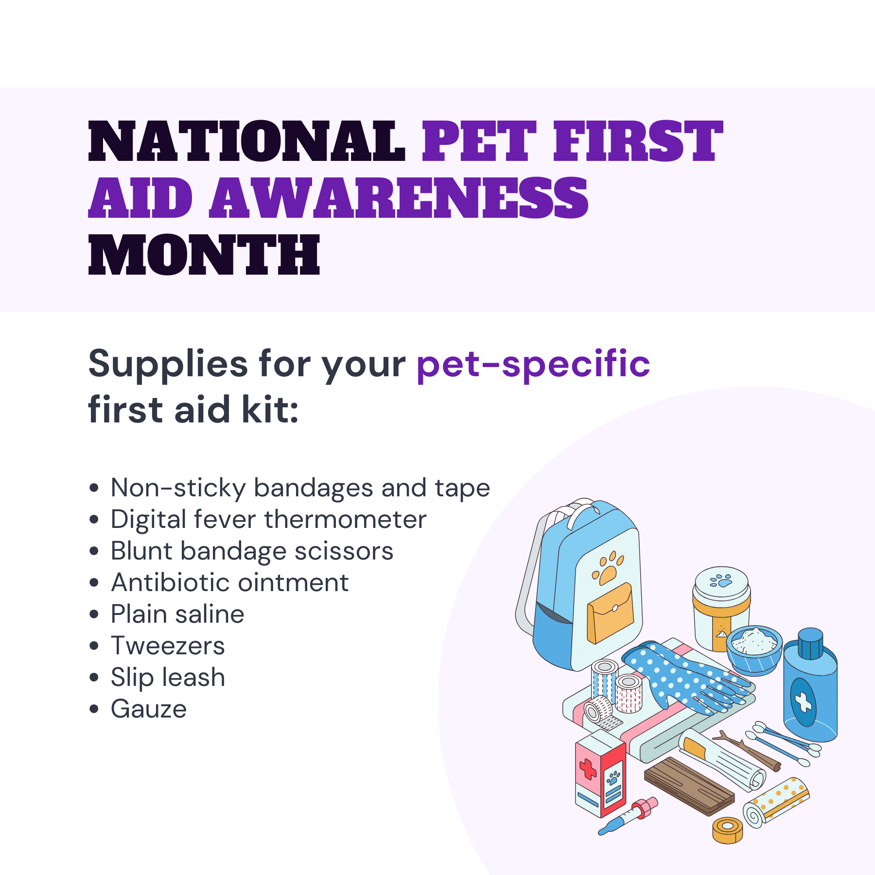 Social graphic for national pet first aid awareness month