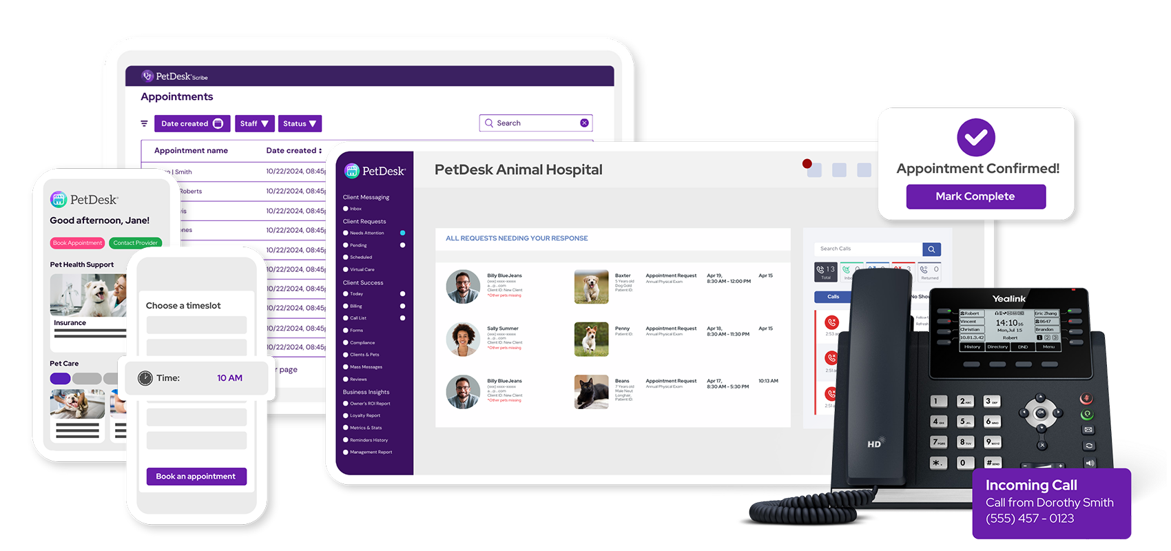 Mockups of the PetDesk App, PetDesk Communications, Direct Booking, Phones, and Scribe