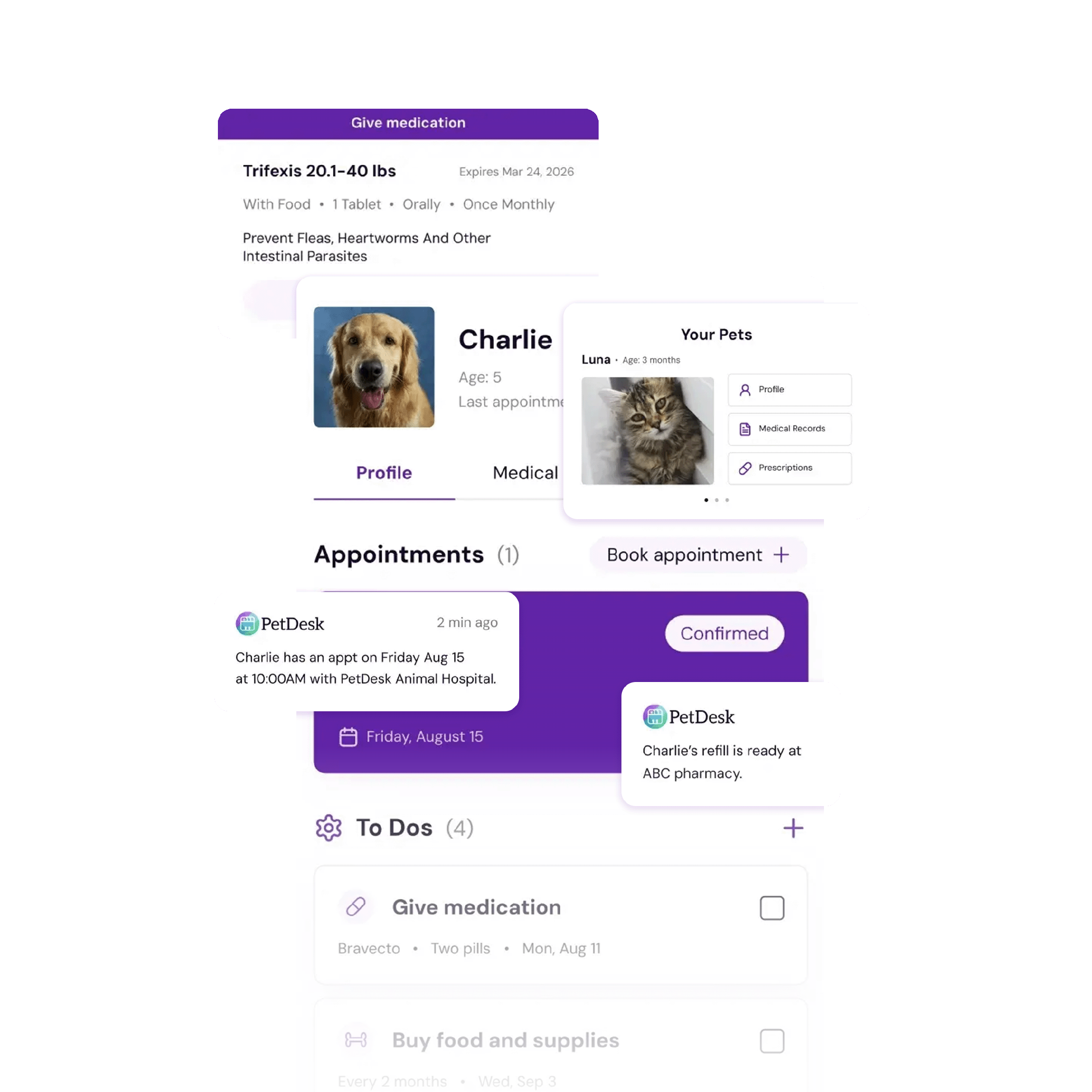 Various mockups of different aspects of the PetDesk App